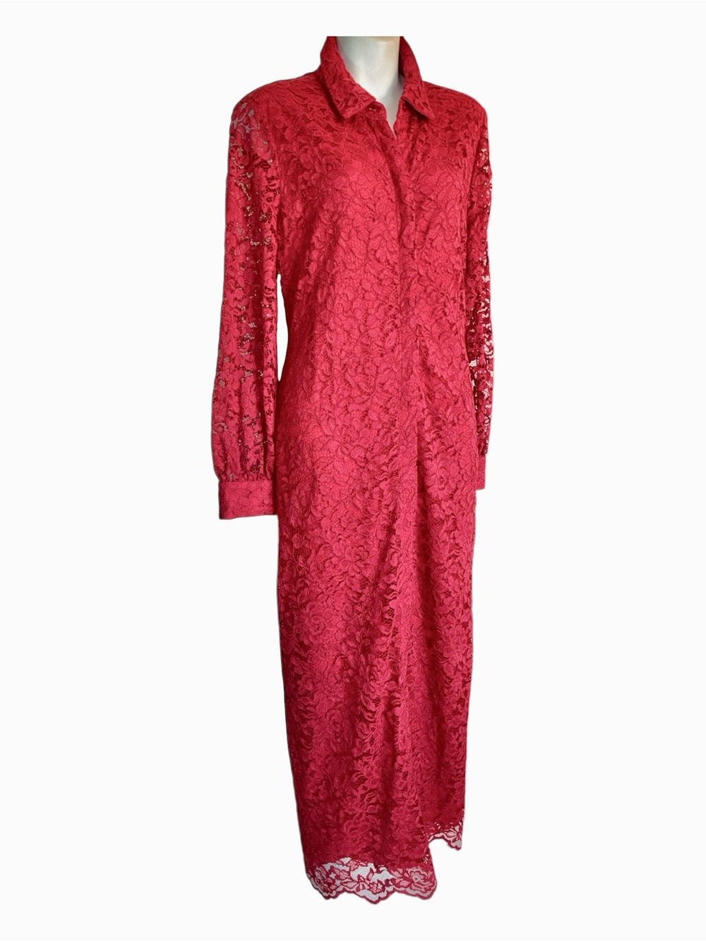 Chico's Shirt Dress, women's 10, bright Red Lace, lined, Long-Sleeve euc